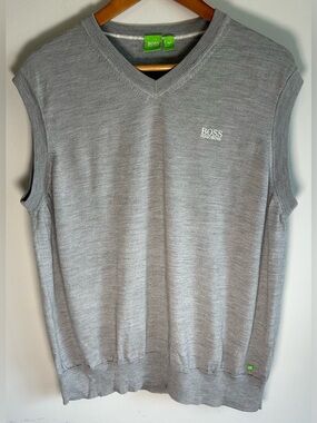 Hugo Boss Men’s Vest V Neck XXL Vills Light Gray Logo Knit Golf Virgin Wool